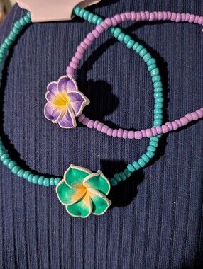 Tropical Flower Beaded Anklet & Bracelet Set Summer Plumeria New Green Mauve
